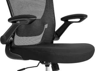 Kontorstol med armlæn – SONGMICS ergonomisk drejestol med net, justerbar lændestøtte og hovedstøtte, gyngfunktion, 53 cm sæde, blæksort