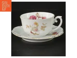 Blomstret porcelænskop med underkop (str. Ø 8,5 og 13 cm)