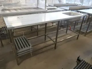 Rustfri stålbord m. vask 210x65xH90cm
