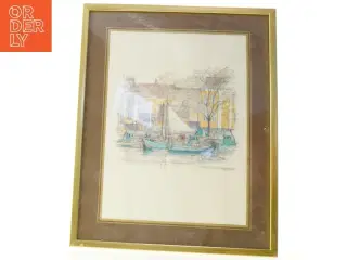 Indrammet tegning af havnemotiv (str. 47 x 37 cm)