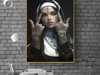 * Lærredsmaleri; Nonne - med fxck-finger