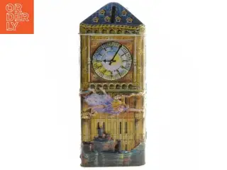 Dekorativ metalkasse med klokketårn motiv (str. 19,5x8 cm)