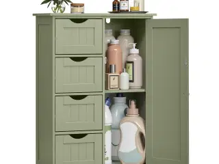 Badeværelsesskab med 4 skuffer og dør – fritstående opbevaringsskab, justerbar hylde, 30 × 55 × 82 cm, laurbærgrøn
