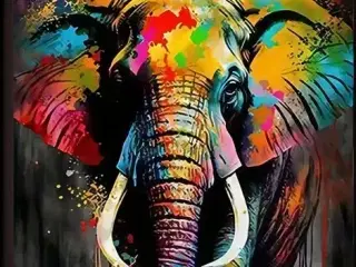 * Lærredsmaleri; Farverig elefant