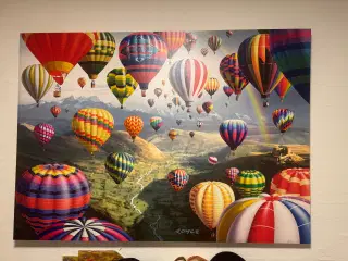 Farverige varmluftballoner over grønt landskab