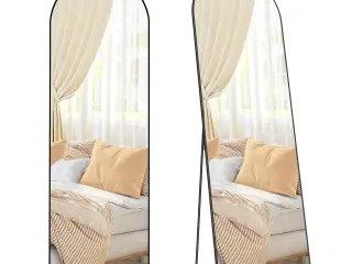 Gulvspejl fuld længde 160 × 50 cm buet spejl med stander, hærdet glas, aluminiumsramme, Ink Black