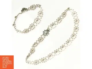Perlehalskæde og armbånd med rhinsten (str. 18 og 9 cm)