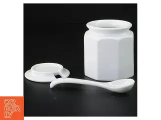 Hvid porcelæns marmeladekrukke med låg og ske (str. 9 x 8 cm)
