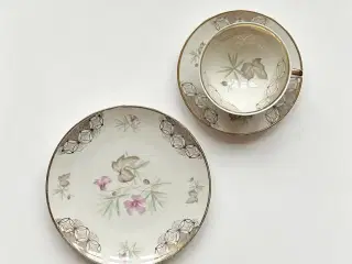 Triosæt, stor kop m underkop og kagetallerken, blomster og guld