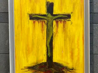 Stort Religiøst kristent  maleri kors motiv gul