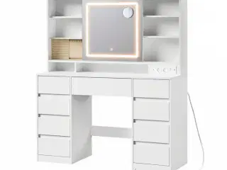 Toiletbord med LED-spejl, 9 skuffer og smykkes opbevaring – hvid