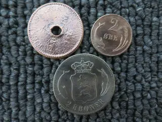 2kr. Sølvmønt fra 1876. + 2stk, Kobbermønter