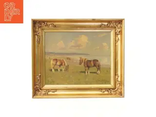 Maleri af heste med guldramme (str. 41,5x35,5 cm)