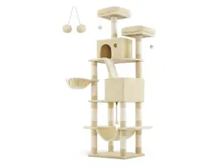 Klatretræ til kat Feandrea, XXL kradsetræ 206 cm, 13 kradsepæle, 2 platforme, 2 huler, hængekøje og kurv, beige