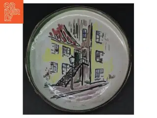 Keramik fad med håndmalet dekoration (str. Ø. 20 cm)