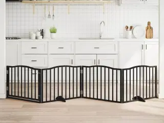 Hundegitter med dør, foldbar, 4 paneler, sort, 320 cm, poppeltræ