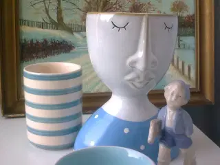 Pottehoved KERAMIK plantepotte & LYSblå sjov!