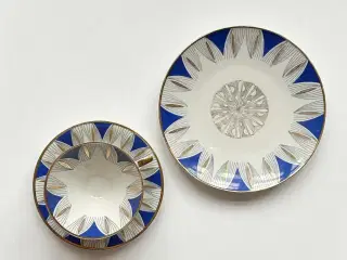 Triosæt, stor kop m underkop og kagetallerken, blå og guld
