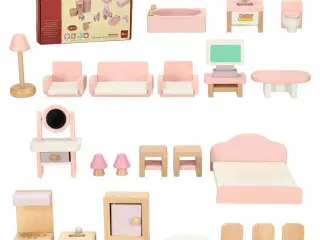 Dukkehus møbler i træ – stue, soveværelse, badeværelse og køkken, lyserød – 22 dele