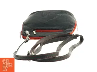 Sort Vintage Læder Crossbody skuldertaske med rød kant (str. 18 x 17 cm)