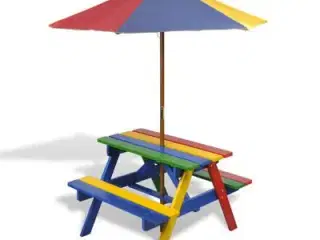 vidaXL bord- og bænkesæt til børn med parasol træ 