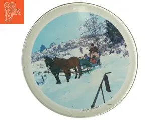 Metal kagedåse med heste, kane i vintermotiv (str. Diameter, 22 cm h 8 cm)
