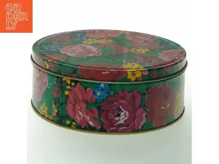 Rund vintage metal dåse med blomstermotiv (str. Ø 18 cm)