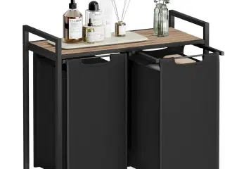 Vasketøjskurv med 2 rum – VASAGLE, udtrækbare poser, hylde, metalstel, 2 × 46 l, 73 × 33 × 72 cm, kamelbrun/sort