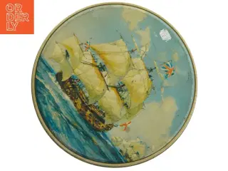 Vintage metal blikdåse med skibsmotiv (str. Ø 23. cm)