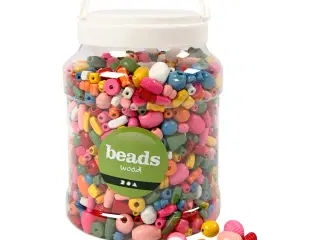 Træperler, str. 5-28 mm, hulstr. 2,5-3 mm, ass. farver, 850 g, 2l/ 1 spand