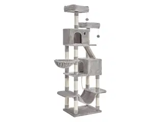 Klatretræ til kat – FEANDREA, 206 cm høj med 13 kradsepæle, rampe, 2 udkigsplatforme og 2 huler, kurv, hængekøje og pomponer, lysegrå