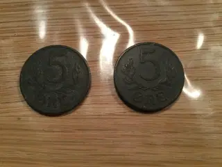 2 x 5 øre mønter fra 1943
