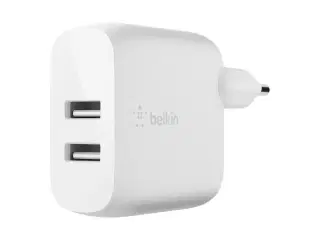 Vægoplader Belkin - 24 W, 2x USB, hurtig opladning (hvid)