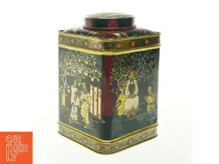 Vintage Tindekasse med Asiatiske Motiver (str. H. 22 cm. 14,5 x 14,5 cm)