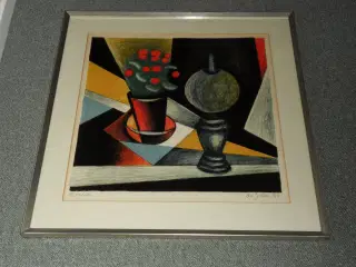 Tryk.  Eugene de Sala. Opstilling med lampe + blom