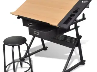 Tegnebord med taburet og to skuffer vipbar bordplade