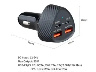 2 stk. Mobiltilbehør Biladapter 25w 4 porte