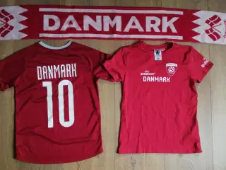 2 DANMARK FAN TSHIRT, STR. 10-12 ÅR OG HALSTØRKLÆ.