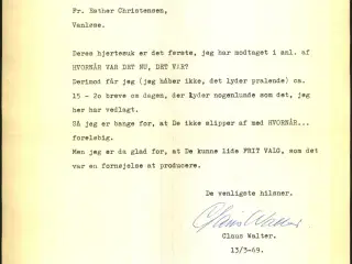 Autograf - Brev fra Claus Walter - 1969