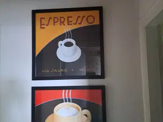 Kaffe billeder i rammer og 3 kaffe brikker i keram