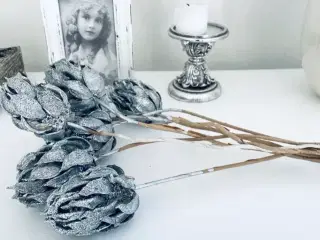Dekoration sølv kunstig glitter blomster 