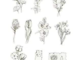 Washi stickers, sort/hvide blomster, str. 30-50 mm, 30stk./ 1 pk.
