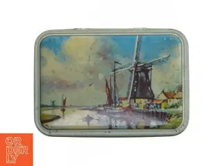 Vintage Hollandsk Metaldåse med blå dekoration (str. 17x12 cm)