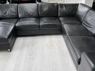 Lædersofa i ægte læder med chaiselong