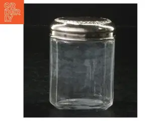 Dekorativt oval glas beholder med sølvlåg m. blomstermønster (str. 10 x. 7 cm)