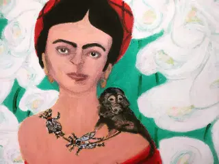 Akrylmaleri Frida Kahlo og abe 60x80.