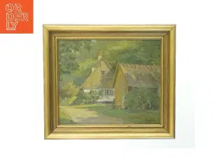 Olie maleri med landsbyscene i gylden ramme (str. 55x48 cm)