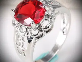 * Sterlingsølv; Unisex-ring - med flot rød sten