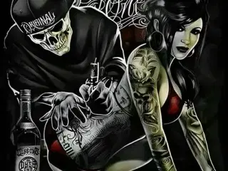 * Lærredsmaleri/tryk; Skeleton and sexy woman