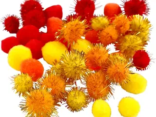 Farverige Pomponer 15+20 mm - 48 stk. i orange, rød, gul
